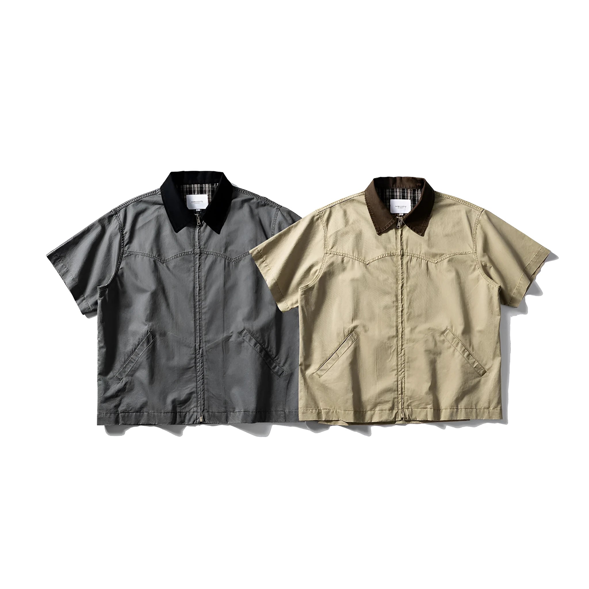 Men's washed overalls shirt with short sleeves in khaki and grey colour options