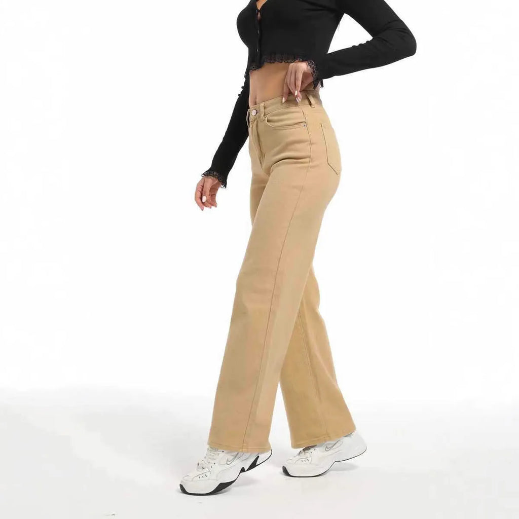 Women's apricot high-waist wide-leg straight jeans on a hanger
