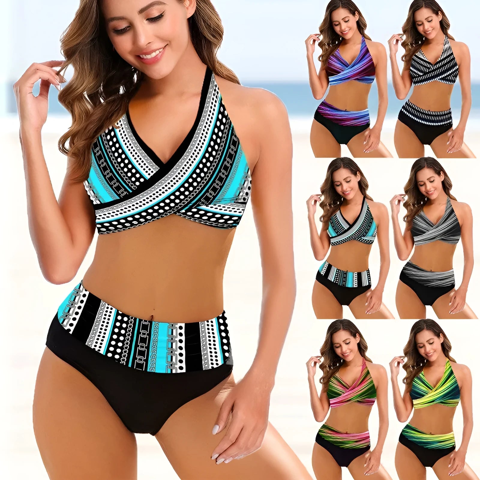Women's striped tie-dye hollow cut bikini swimsuit with high-waisted briefs and backless styling