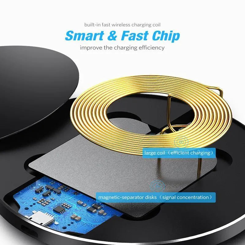 Black ultra-thin wireless charging pad with 9V fast charging for smartphones