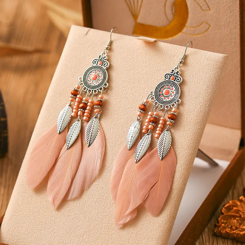 Round drop feather earrings with leaf pattern in Bohemian style, electroplated alloy in various colour options