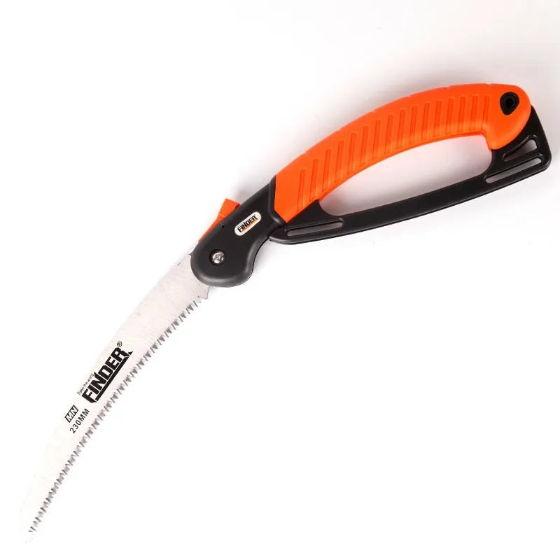 A folding garden hand saw with a TPR rubber handle and a 230mm metal blade, shown both open and closed.