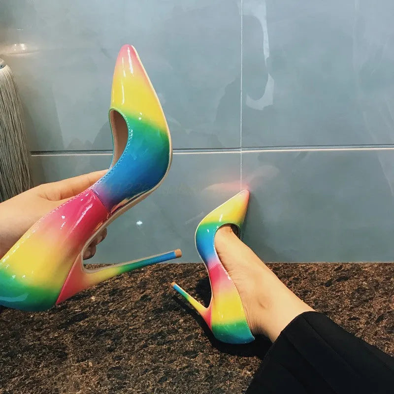 Women's rainbow patent leather high heels with pointed toe and ultra-high thin heel