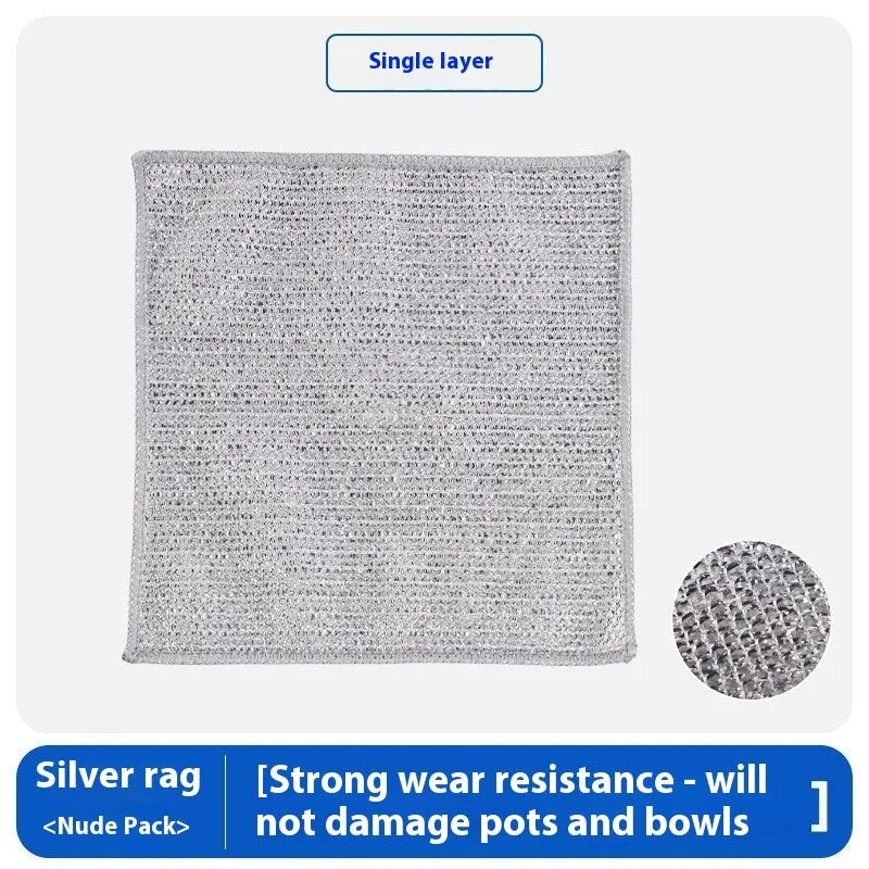 Microfiber kitchen cleaning cloth for pots and bowls in silver wire or composite construction