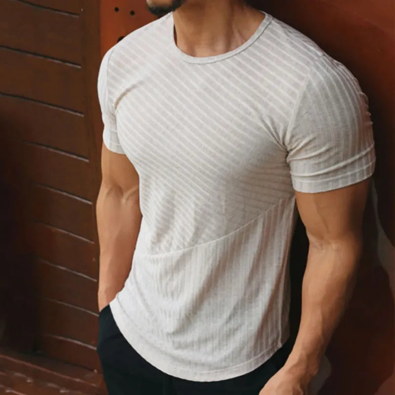 Men's solid white cotton blend loose short sleeves pullover t-shirt on model