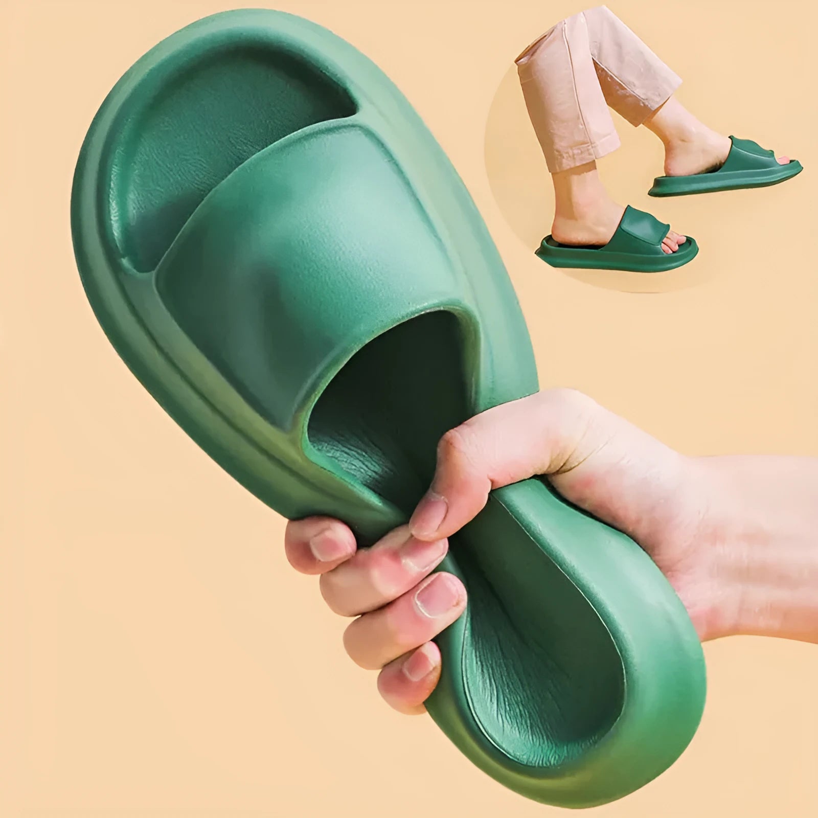 Pair of thickened EVA flip-flop slippers in a chosen colour, showing the non-slip sole and unisex design.