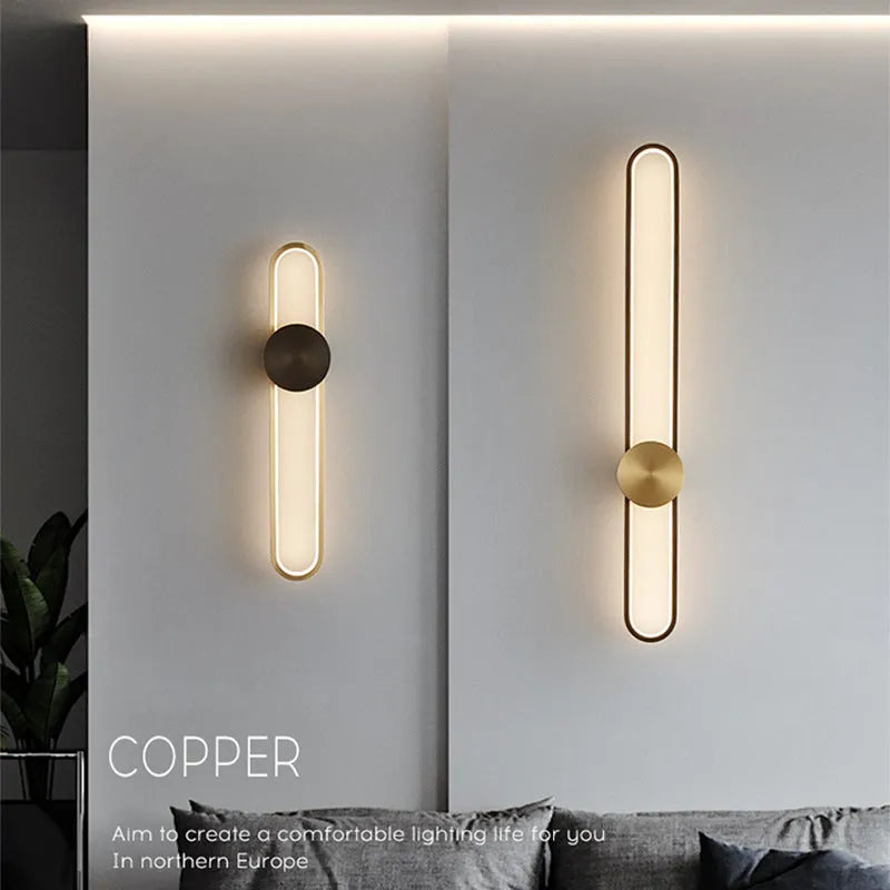 Modern minimalist wall lamp with iron shade and LED lighting in contemporary living room setting