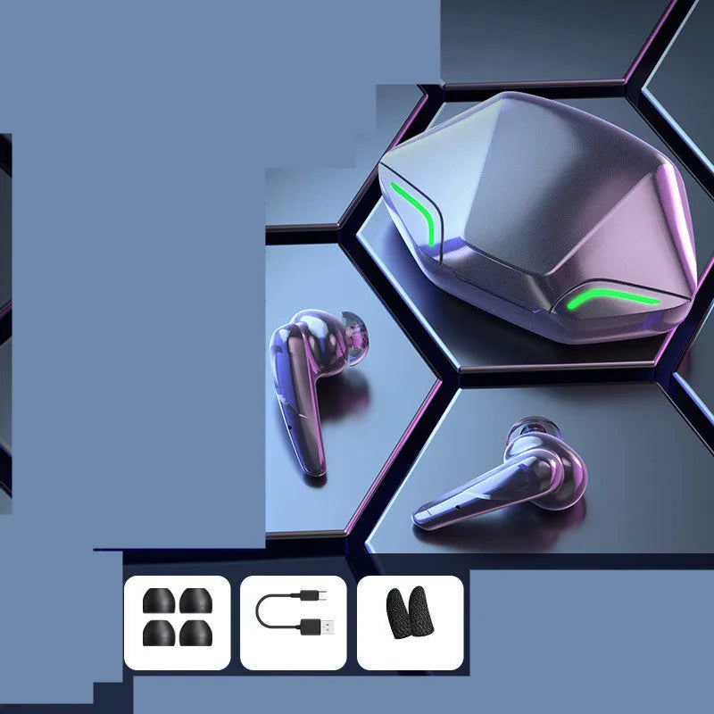 Wireless Bluetooth gaming earbuds with a portable charging case, shown in multiple colour options.
