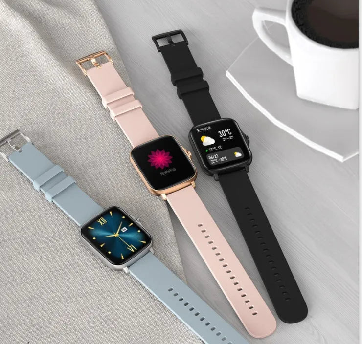 Blue smart watch with 1.7-inch touch screen on adjustable silicone strap