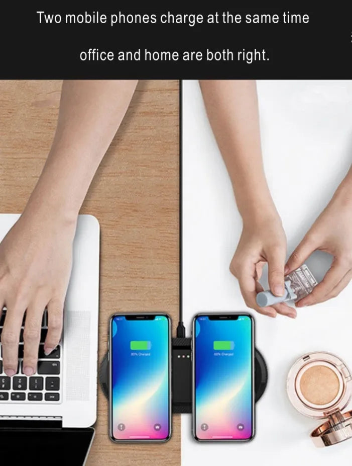 Black and white dual wireless charging pad showing two phones charging simultaneously