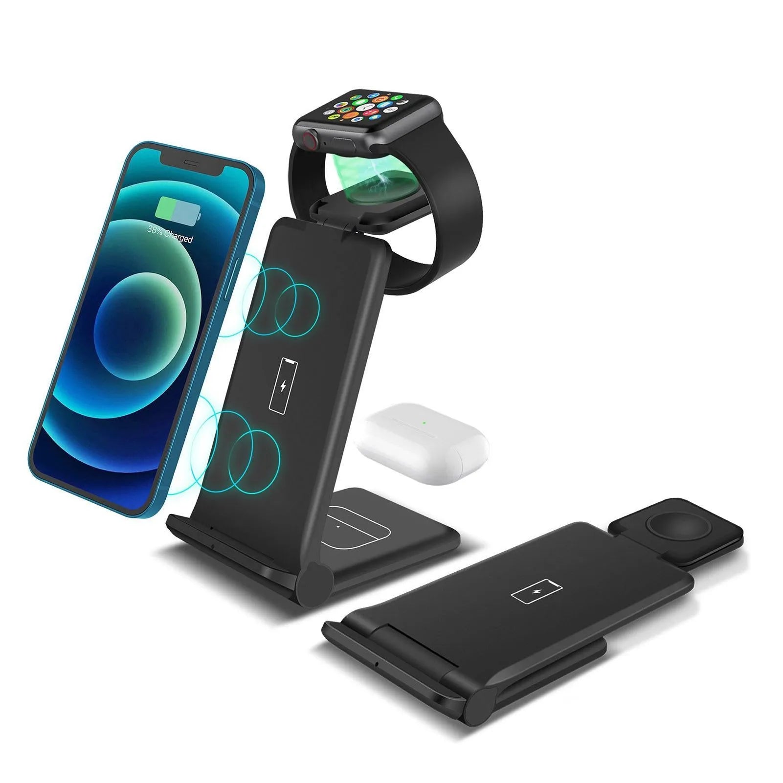 White 3-in-1 wireless charging station with iPhone, Apple Watch and AirPods charging simultaneously