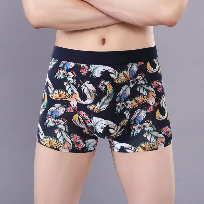 Men's cotton boxer briefs with a U-shaped front design in a floral pattern colour.