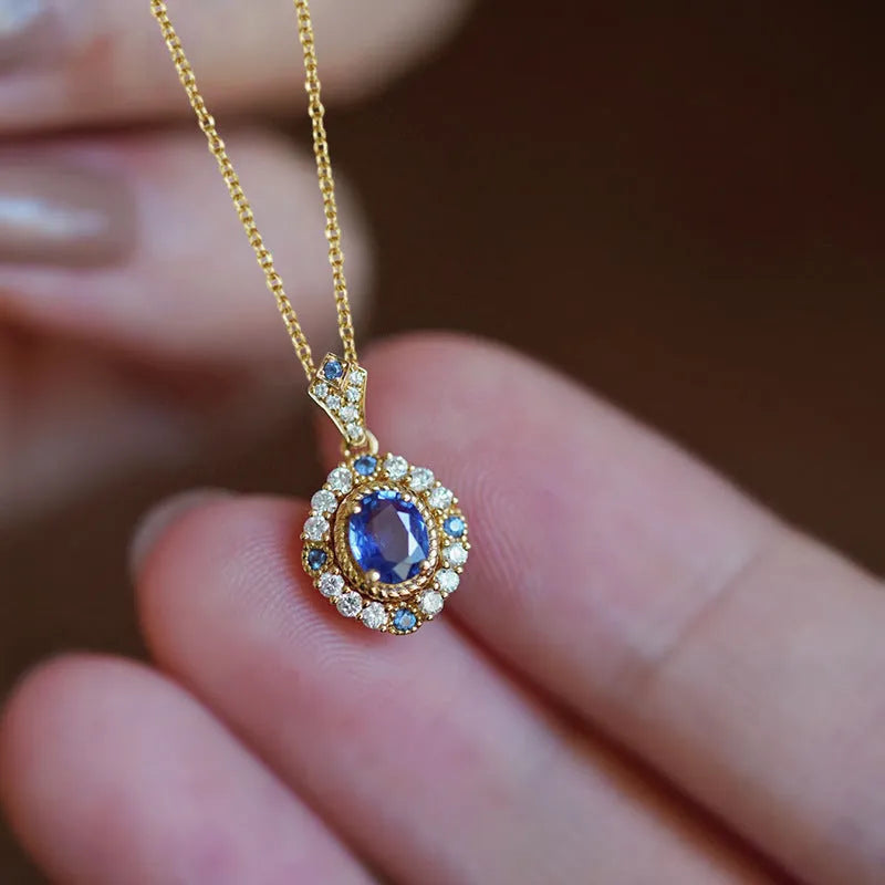 Yellow gold tone royal necklace with mixed gem pendant on box chain, adjustable 21-50cm