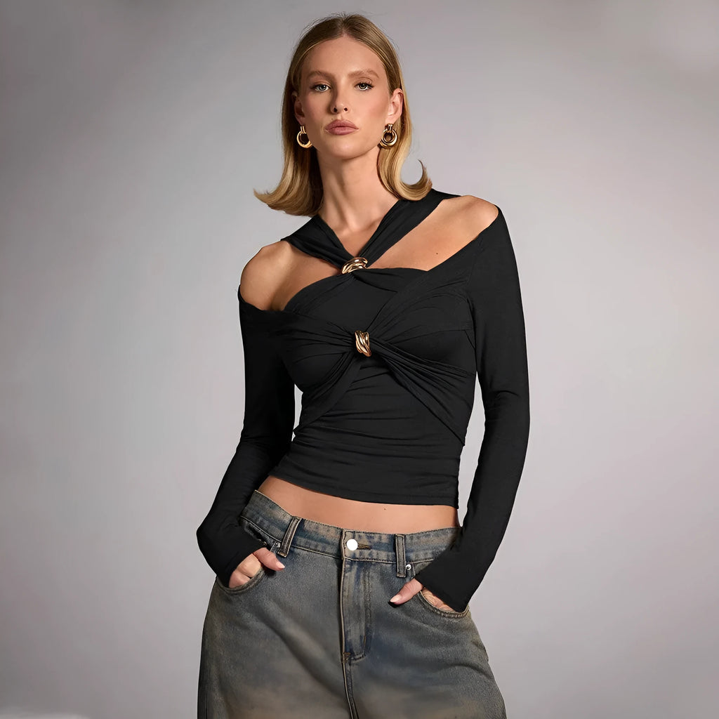 Black women's halter top with shoulder-baring strapless design and long sleeves