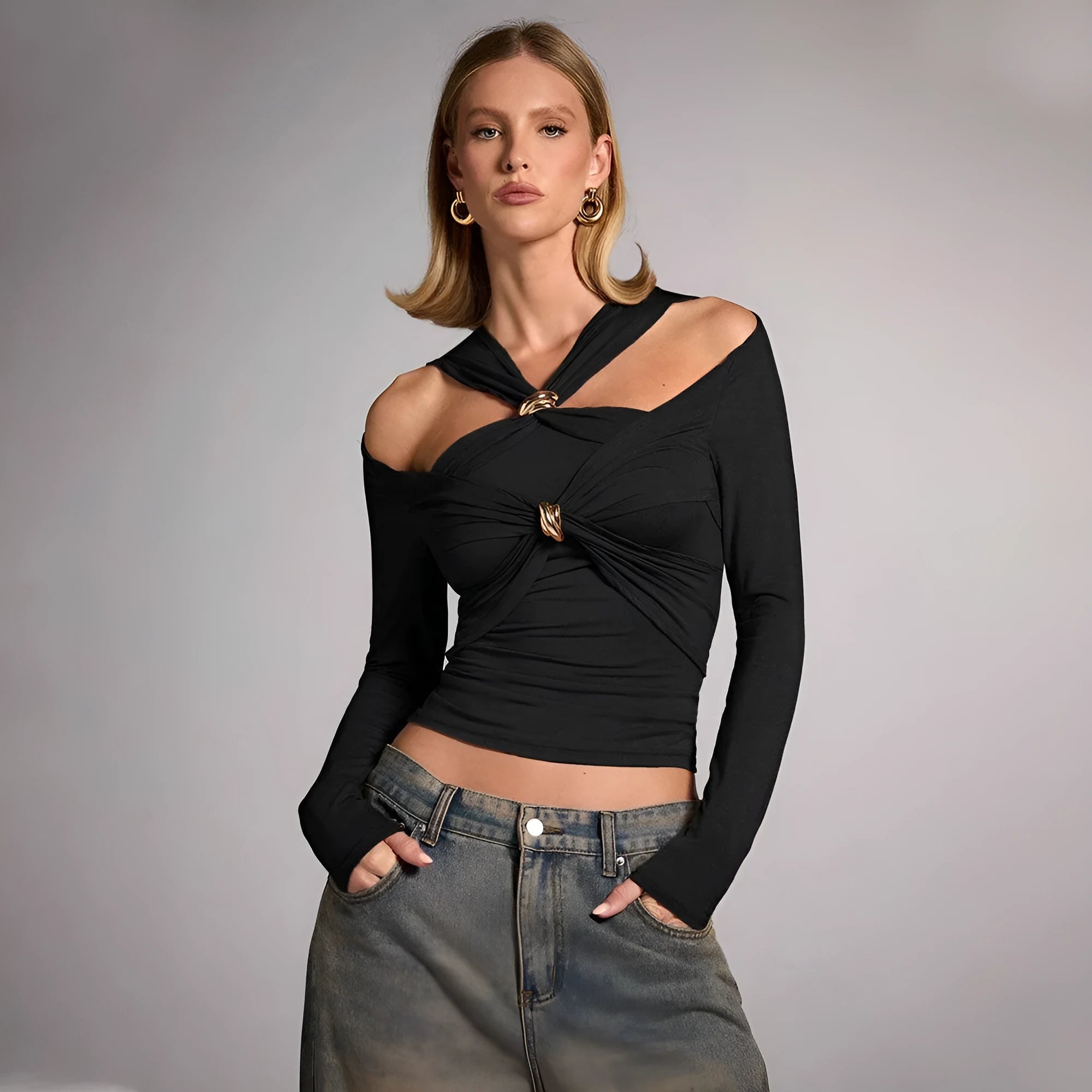 Black women's halter top with shoulder-baring strapless design and long sleeves
