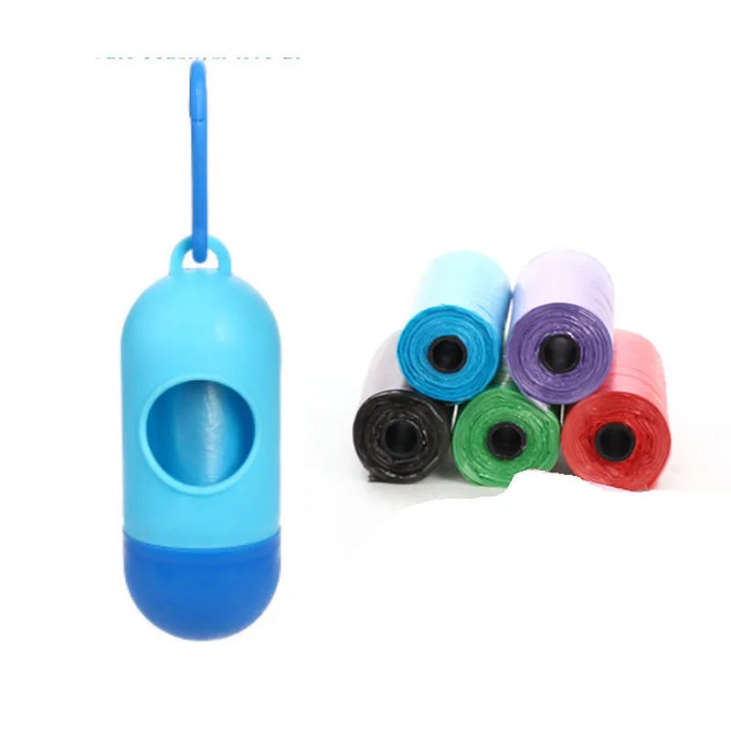 Roll of handled dog poop bags in assorted colours showing dimensions of 22.5 by 30 centimetres