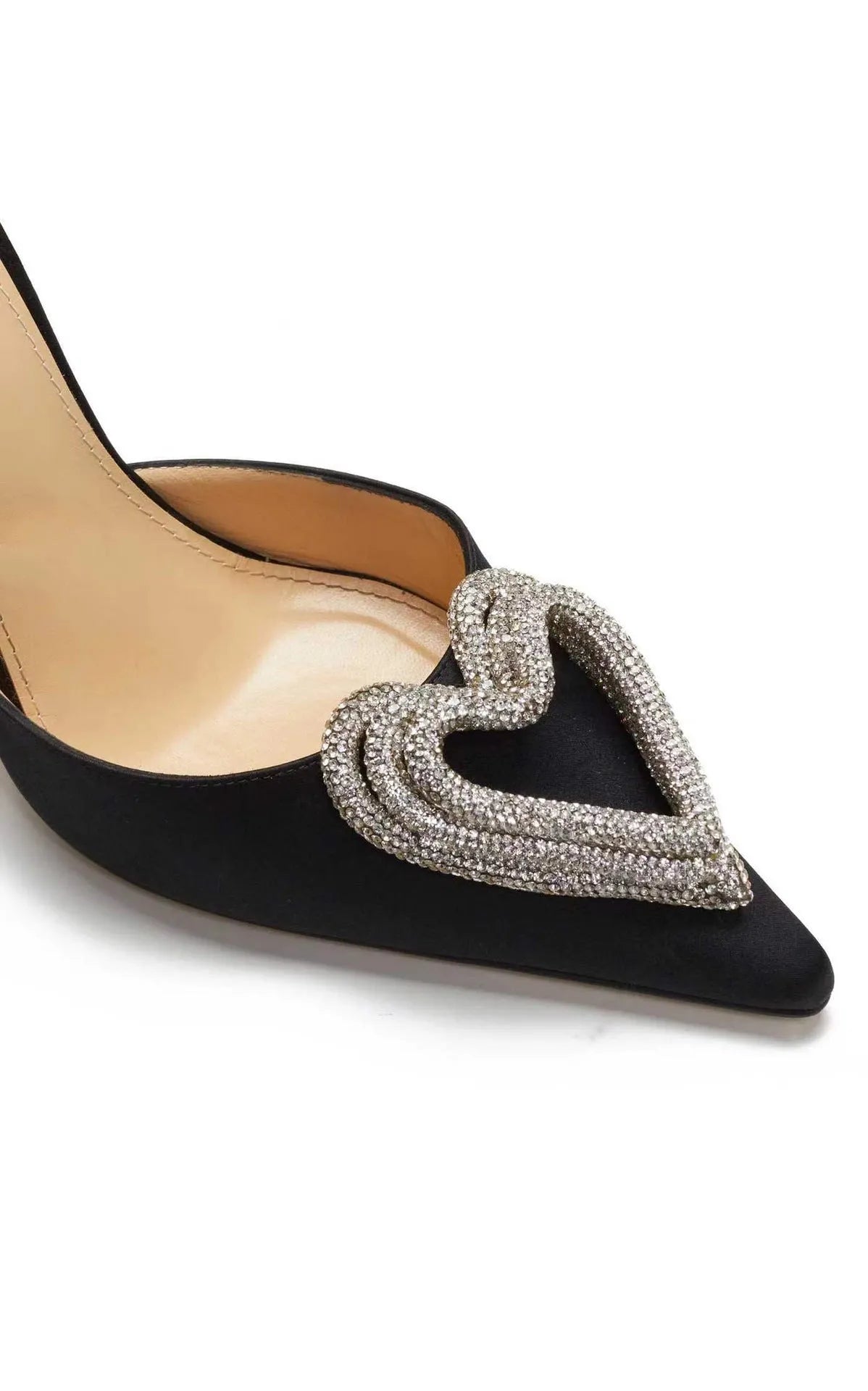 Women's satin sandals with heart-shaped rhinestone decoration and pointed toe holder in black, pink, or white