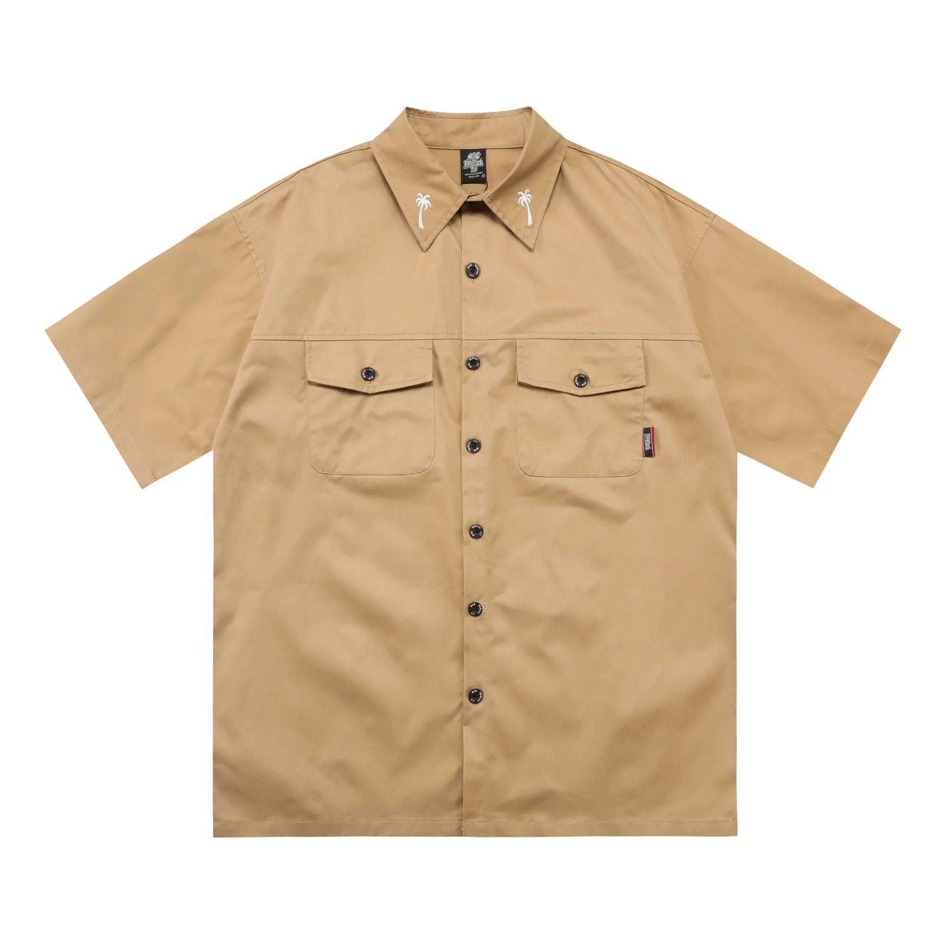 Men's black loose fit cotton blend pocket shirt with half sleeves and embroidered detail on a hanger.