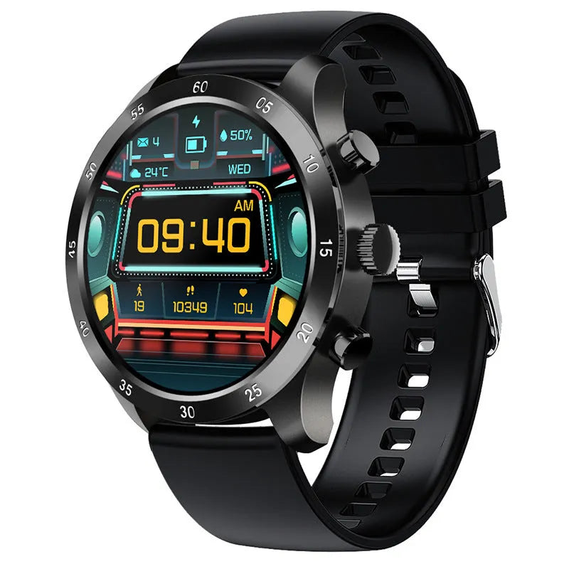 Apple iOS smart watch with Bluetooth calling on wrist, showing bamboo steel strap option.