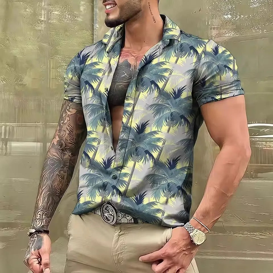 Men's loose fit floral print short sleeve shirt in polyester fabric for summer casual wear