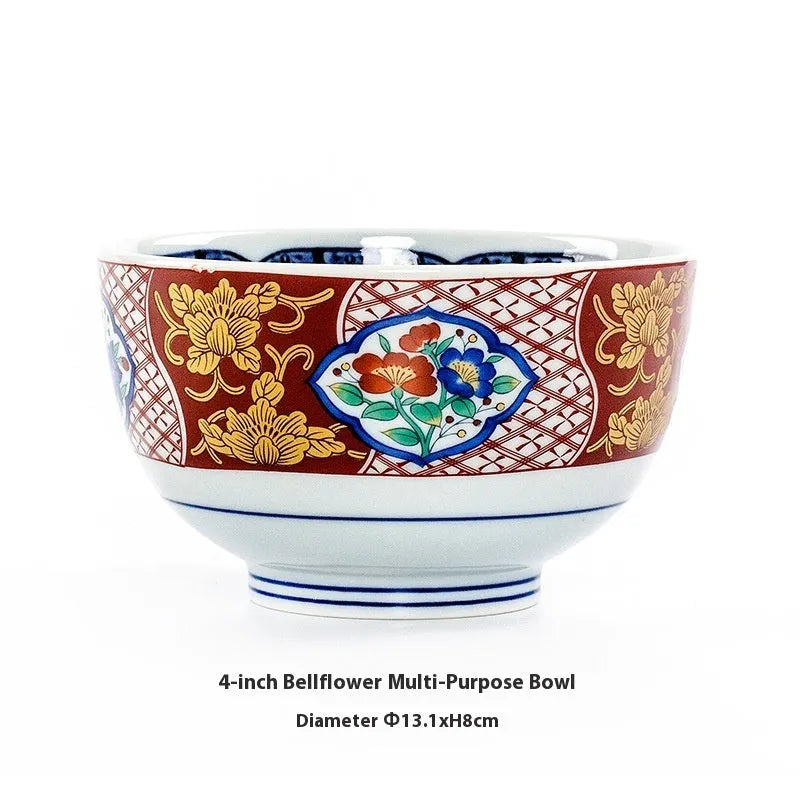 Retro Japanese style porcelain bowls with peony patterns in gold and yellow colours