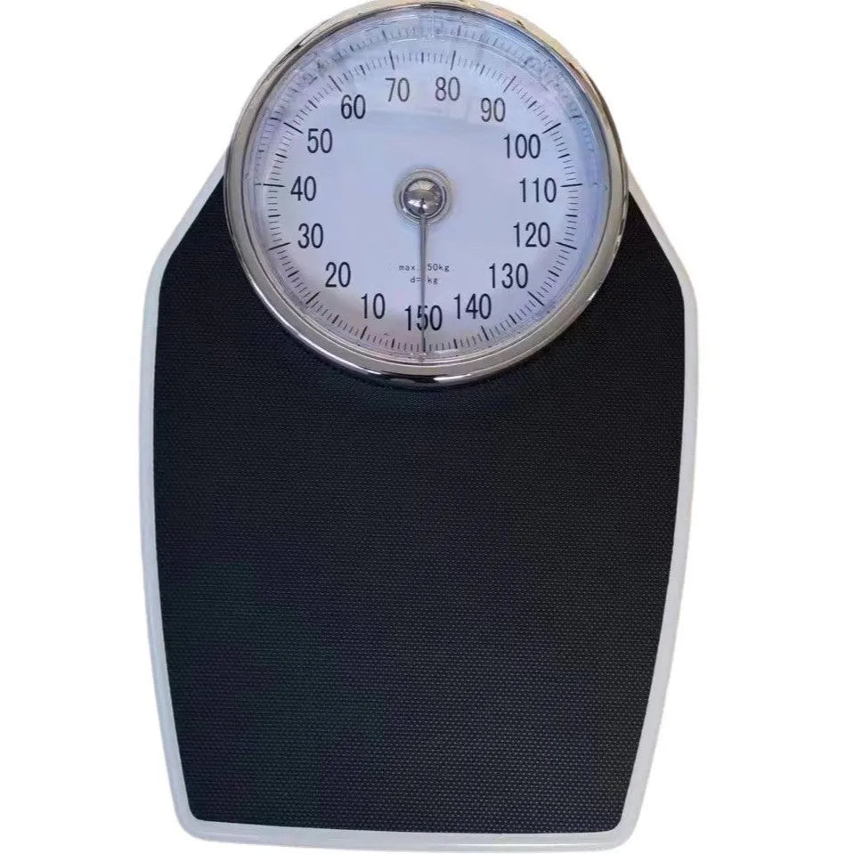 Black mechanical body weight scale with large dial and pointer on a simple platform.