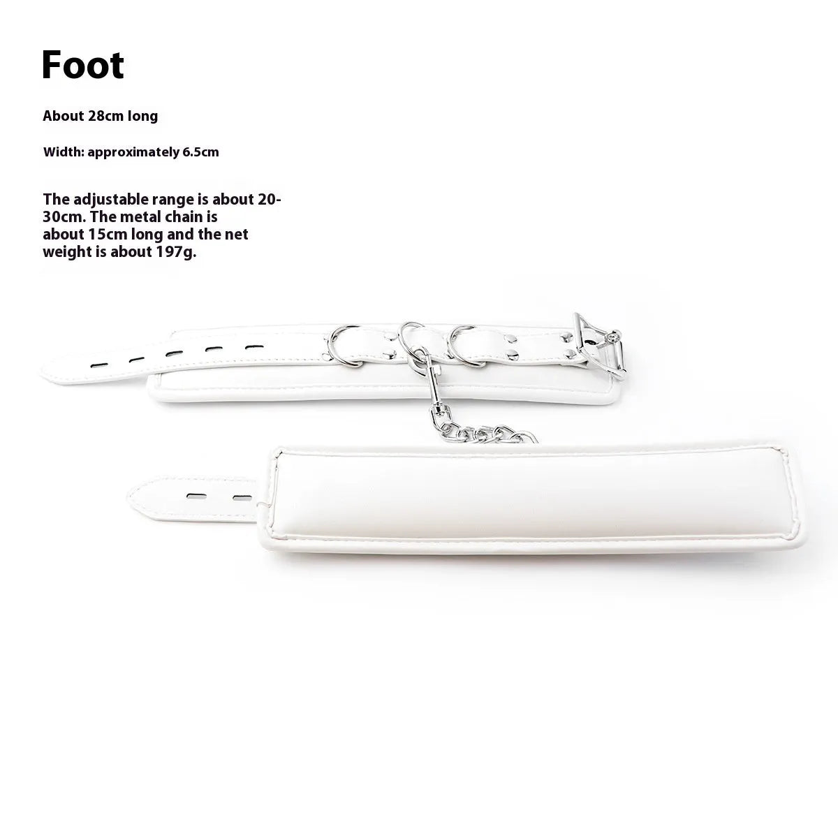 White PU sponge bondage restraint set showing handcuffs, footcuffs and neck cuff accessories