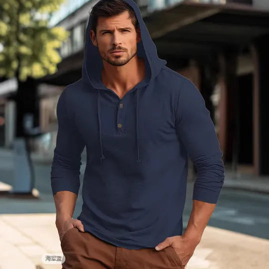 Cotton pullover hoodie in dark blue, apricot, black, blue, white, or light green.