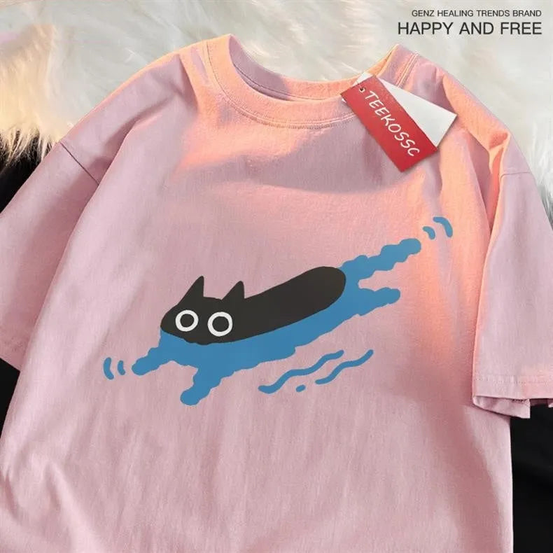 Women's plus size black cotton short sleeve t-shirt with a diving cat print, shown in a straight regular fit.