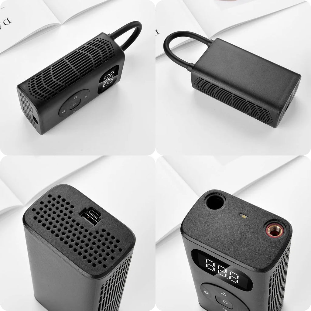 Black portable USB tyre inflator for cars motorcycles bicycles with digital display
