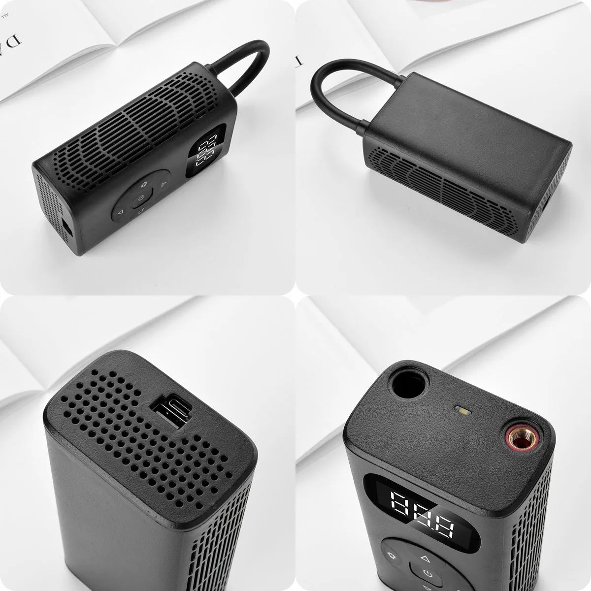 Black portable USB tyre inflator for cars motorcycles bicycles with digital display