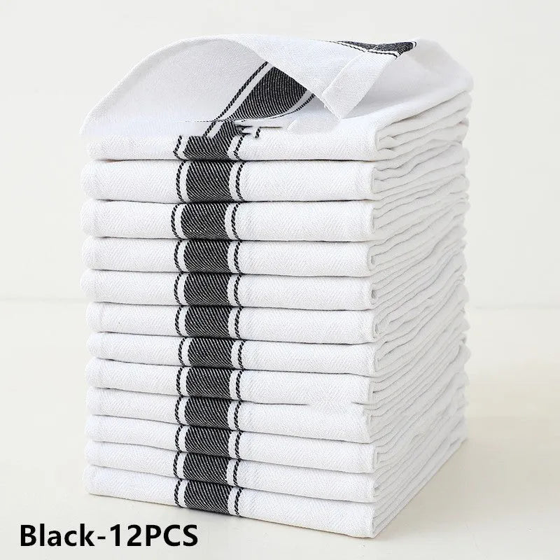 Set of twelve 48x70cm cotton polyester blend dish towels showing blue, yellow, brown, black, and striped colour options.