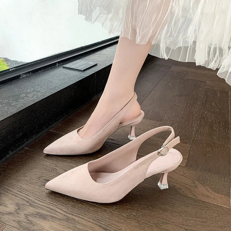 Women's suede stiletto high heels with pointed toe in apricot colour