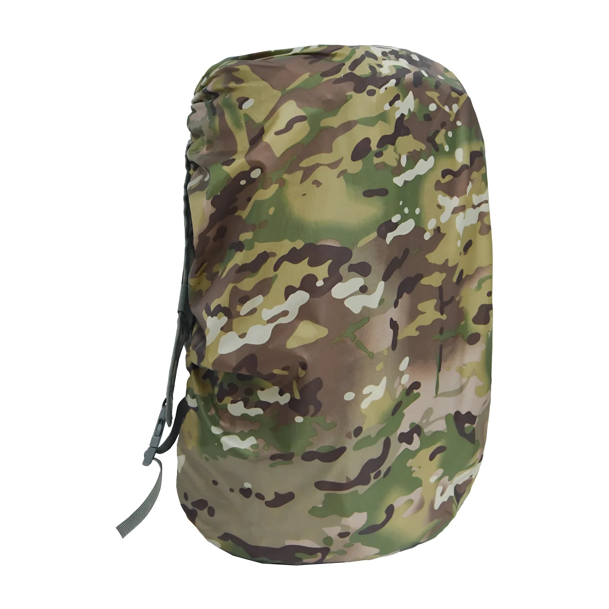 Army Green waterproof rain cover for an 80-litre outdoor backpack on a hiking trail.