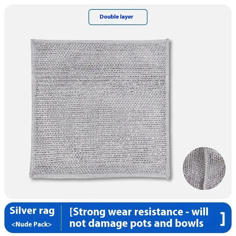 Microfiber kitchen cleaning cloth for pots and bowls in silver wire or composite construction