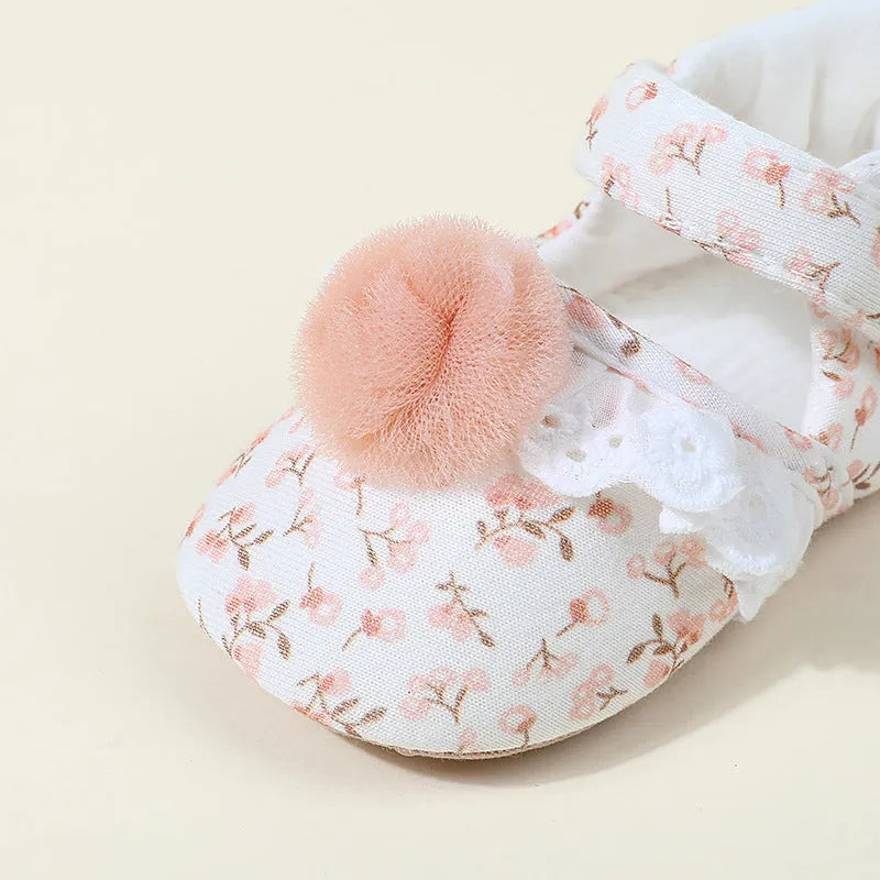 Children's cotton floral princess shoes with Velcro fastening, low top, small flower heels