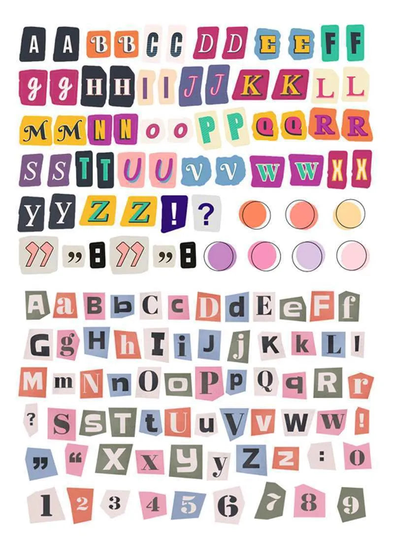 English letters and numbers label sticker set showing alphabet collections and week words in cute printed style