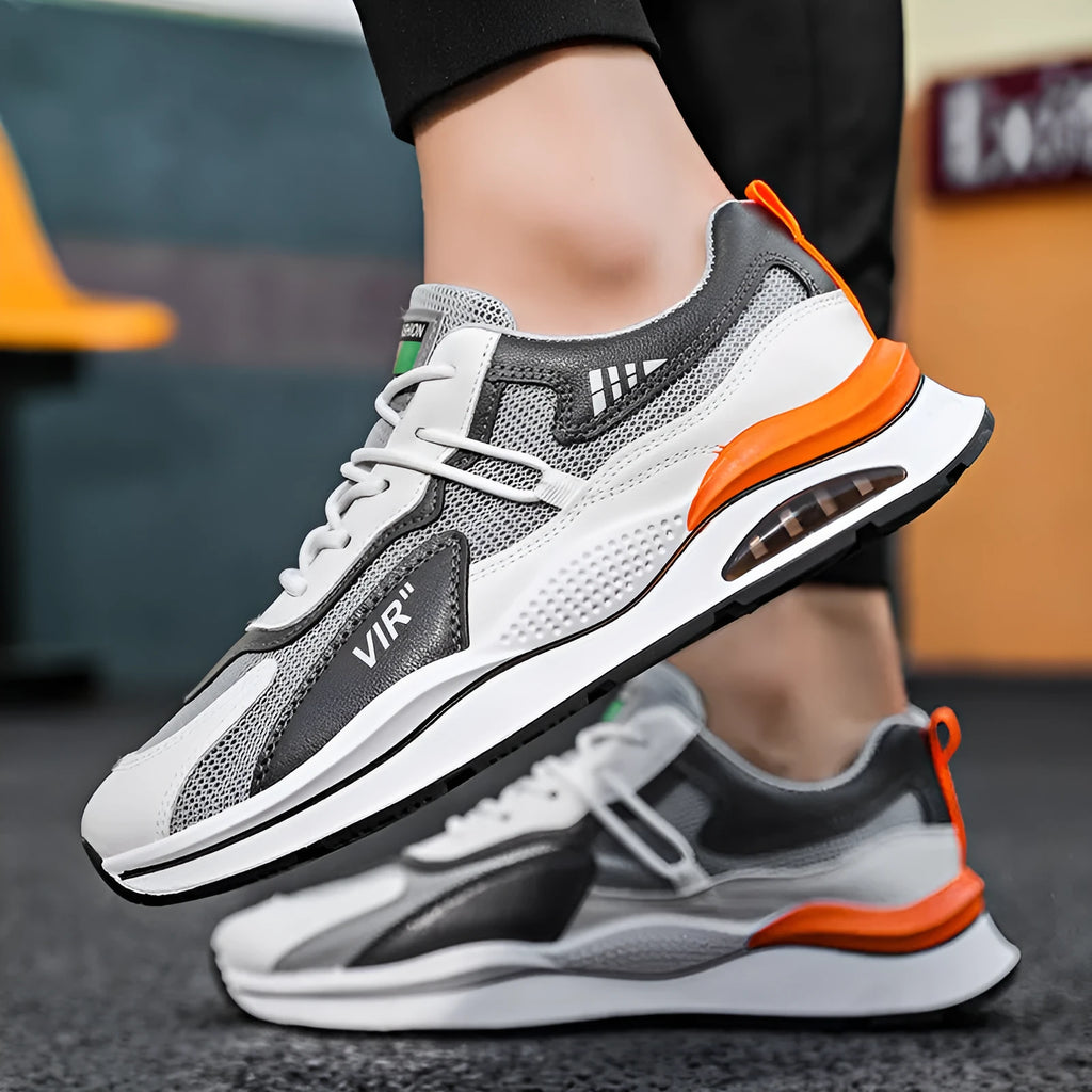 Men's grey and black mesh running shoes with a round toe and lightweight EVA sole on a white background.