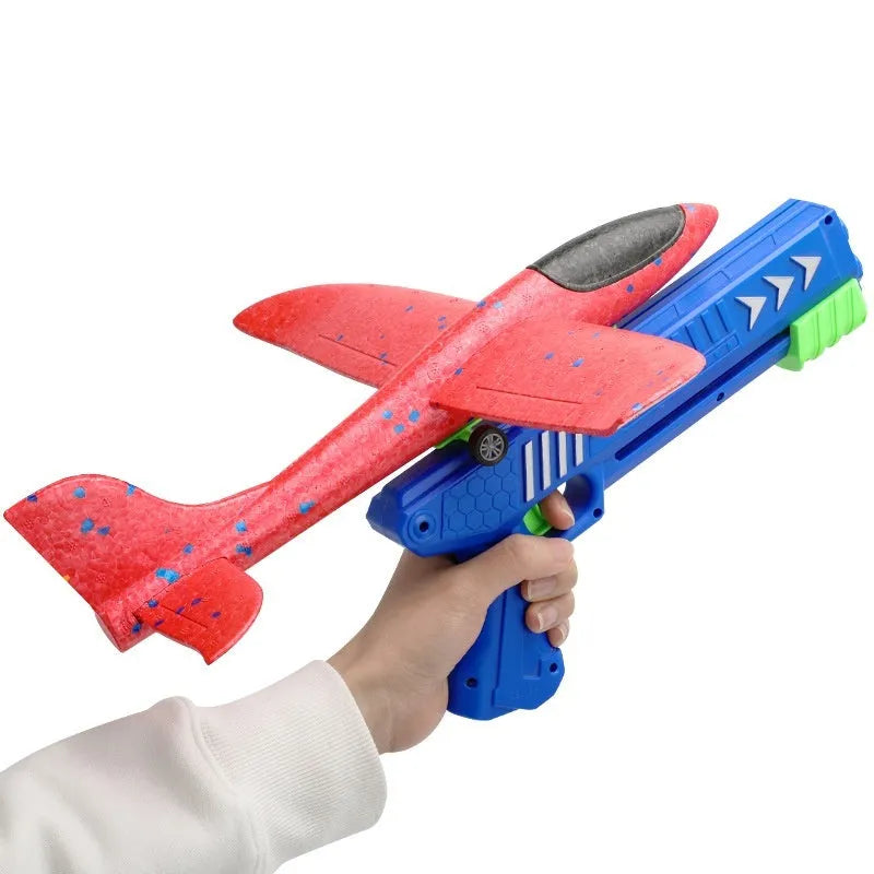 Children's plastic light-up catapult plane launch gun toy with 24cm glow aircraft in blue