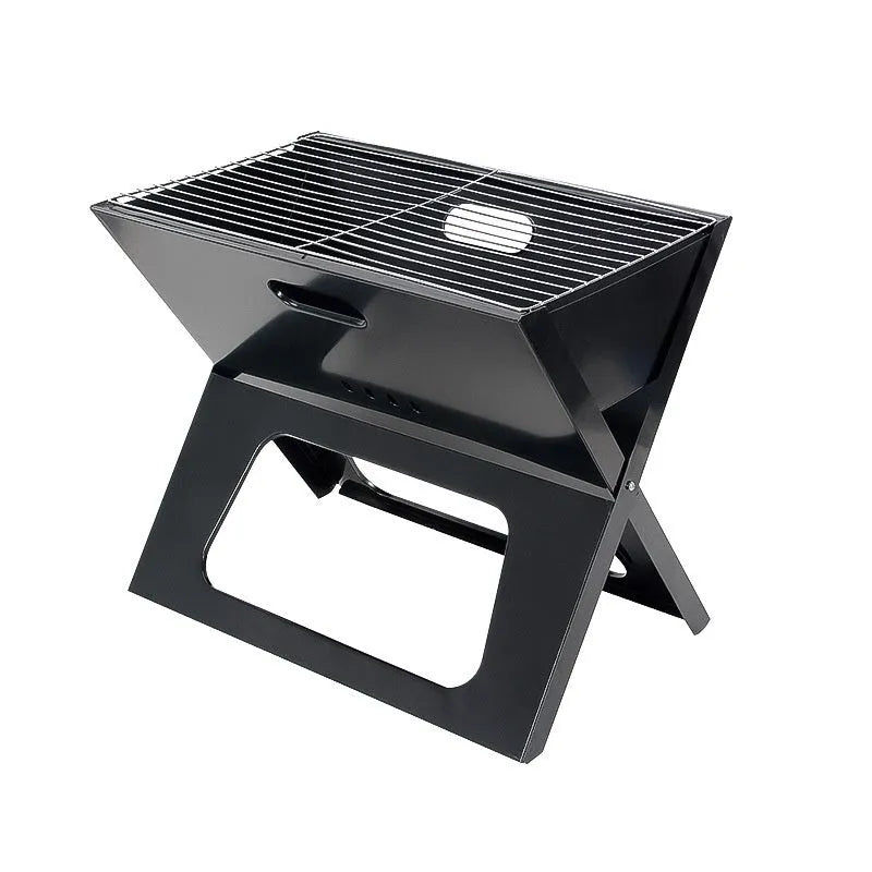 Black folding portable barbecue grill 44x29x37cm with carry handle outdoors