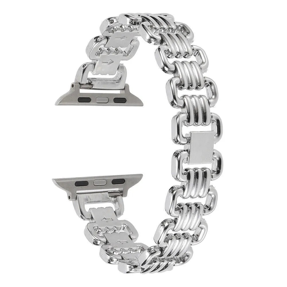 Alloy metal replacement bracelet for Apple Watch in silver, black, gold, rose gold and Starlight colours.