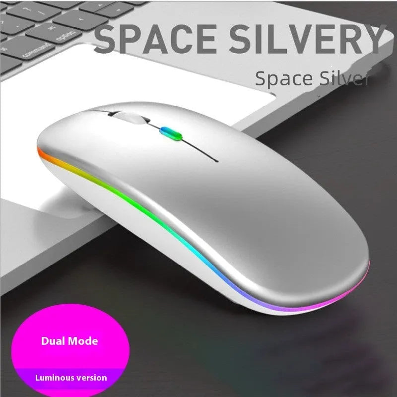 Bluetooth dual-mode wireless mouse with USB receiver and charging cable in grey finish
