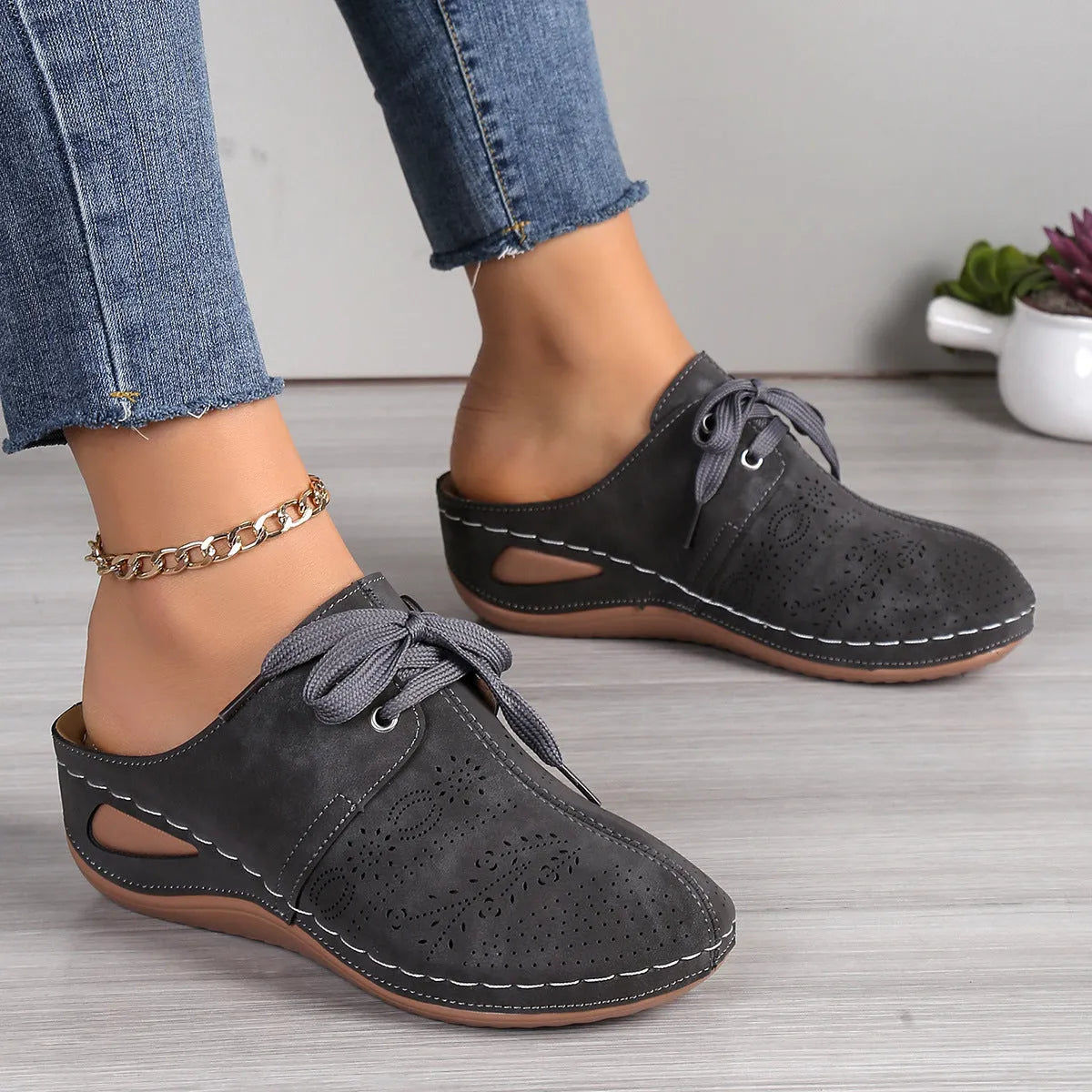 Women's summer baotou lace-up slippers with hollow out wedge design in various colours