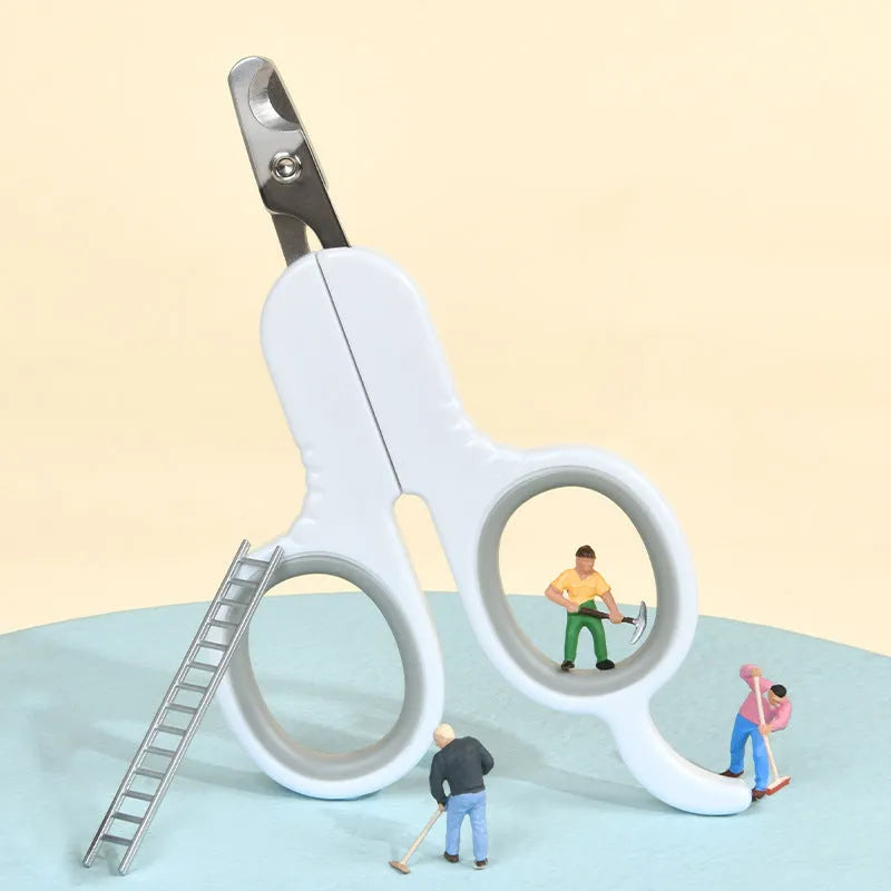 Professional pet nail clippers with curved safety tips and a grey non-slip rubber handle.