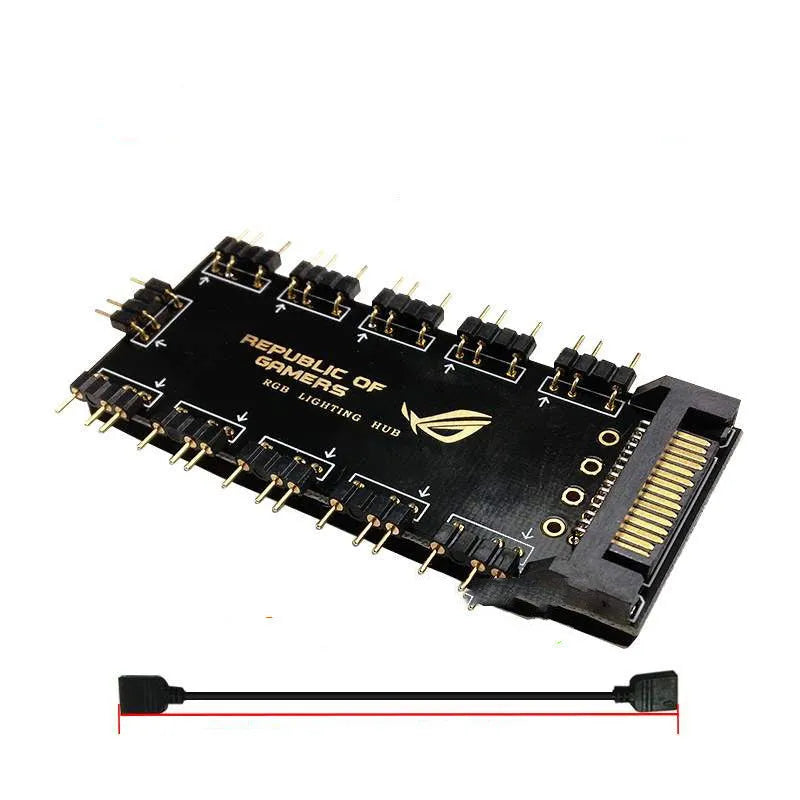 Black AURA RGB One Point Ten 5V SATA power hub with ten 3-pin outputs for PC lighting