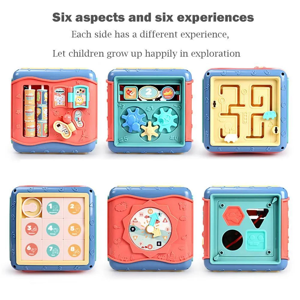 Baby educational hexahedron cube with six activity sides including bead maze and clock