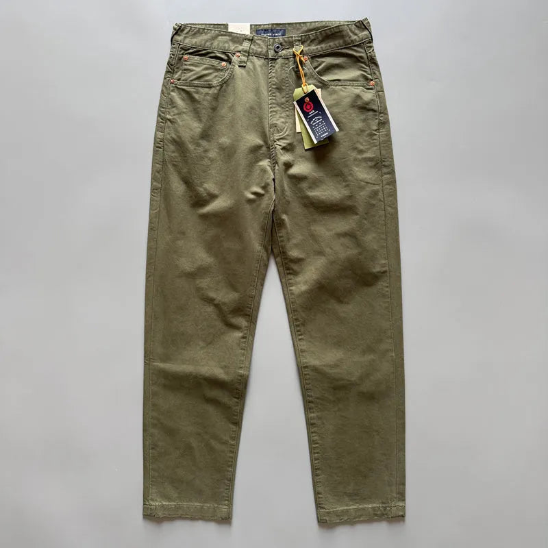 Men's straight-leg cotton casual trousers in khaki colour, laid flat to show mid-waist and straight cut.