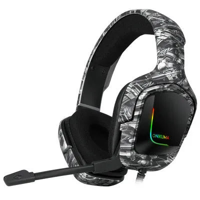 RGB gaming headset with cloth ear cushions and braided cable in black, camouflage grey, or white colour options