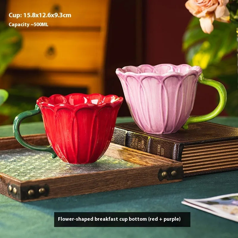 Ceramic breakfast cup with flower pattern, 500ml capacity, pastoral style in red or purple