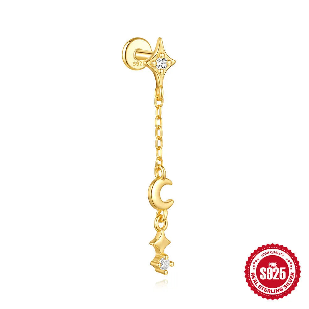 S925 sterling silver moon shape earrings with diamond embedded star detail in gold colour